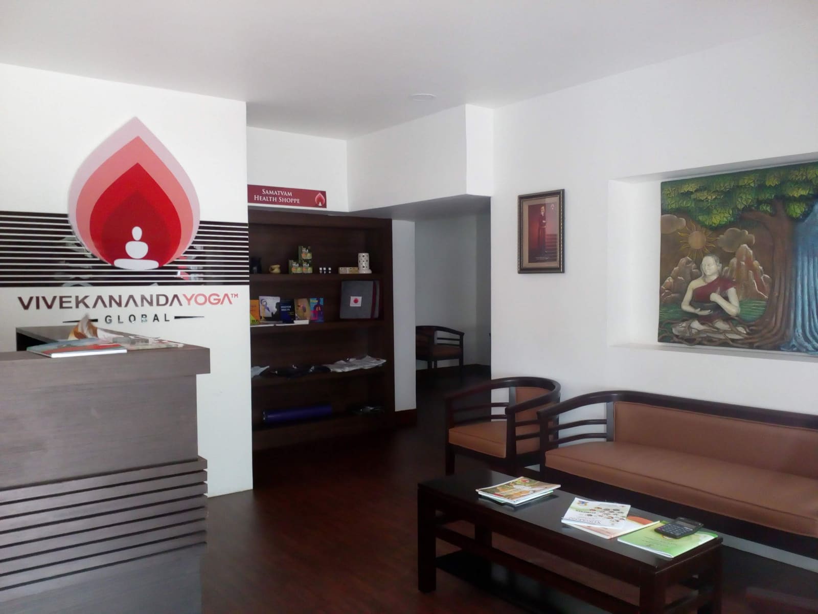 Reception and the waiting area at the Vivekananda Health Global centre, Jawahar Nagar, Sasthamangalam